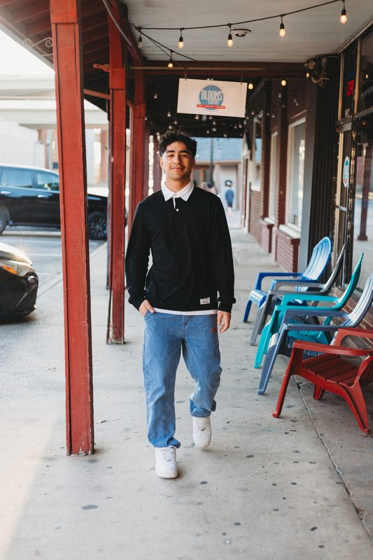 Senior on a covered sidewalk