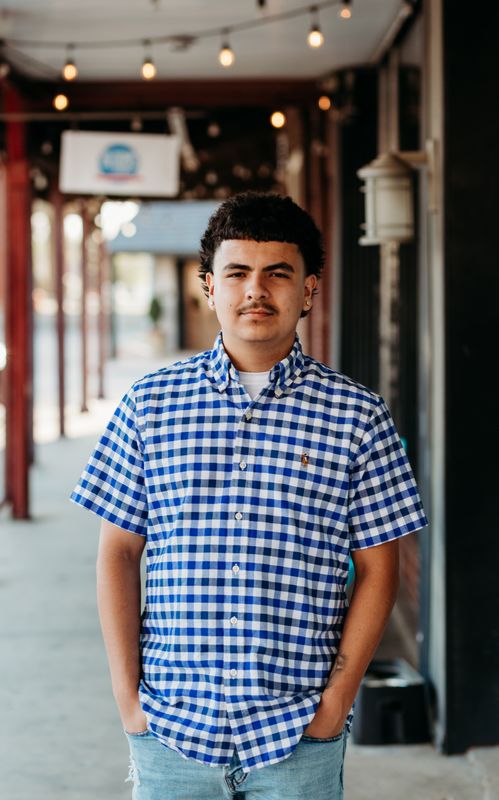 Senior under a covered walkway